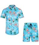 EISHOPEER Men's Hawaiian Outfits Short Sleeve Shirt and Shorts Casual Beach Vacation Sets Lake Blue XXL-Large