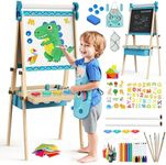 BlueWood Easel for Kids, Drawing Double Sided 4-in-1 Painting Art Stand, Adjustable Wooden Easel Set Toddlers, Magnetic Whiteboard & Chalkboard with Paper Rolls for 3-8 Child, Blue