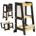 Youyijia 3-in-1 Toddler Learning Tower Kids Step Stool & Mini Desk with Safety Rail, Toddler Steps Stool with Black & Whiteboard for Kitchen Counter, Mothers' Helper (Black)