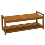 Outsunny Garden Stool, Outdoor Wooden Stool with Storage Shelf, Slatted Seat, Patio Foot Stool for Conservatory, Garden, Poolside, Deck, Teak