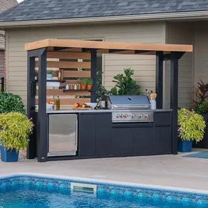 Backyard Discovery Fusion Flame Turn-Key Outdoor Kitchen with 38-inch Stainless Steel 5-burner Grill Island, Sear Zone, Infrared Burner, Outdoor-Rated Refrigerator, Storage, Steel Roof for Deck, Patio