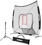 Naissian 7'x7' Baseball Hitting Net and Tee Softball Batting Net and Tee Set Black Polyester Mesh Net 7 Strand + Adjustable Batting Tee Softball Practice Equipment for Softball Pitching Throwing