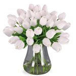 30pcs Real Touch Tulips PU Artificial Flowers, Fake Tulips Flowers for Arrangement Wedding Party Easter Spring Home Dining Room Office Decoration. (White, 14" Tall)