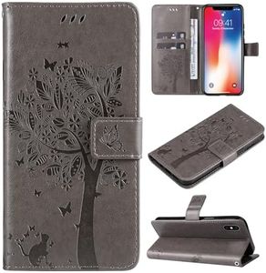 VEEMOS Mobile Phone Case for Apple iPhone X/iPhone Xs Foldable Cat Tree with Card Slot Protective Mobile Phone Case Leather Book Flip Case Cover Mobile Phone Case Women - Grey