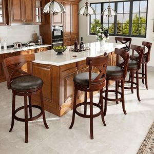 PHI VILLA 30 inch Bar Height Stools Set of 6,Swivel Wooden Barstools Tall Upholstered Faux Leather Barstool with Back,Vintage Bar Height Chairs,Dark Brown Kitchen Stools