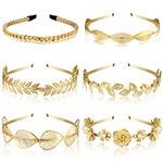 6 Pcs Gold Leaf Wedding Headbands Set, Flower Faux Pearls Headband Metal Chain Prom Headband Roman Greek Style Tiara Headband Headpiece Crown Bridal Hairband for Women Girl (Graceful Style)