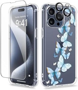 GVIEWIN for iPhone 15 Pro Case Floral, with Screen Protector+Camera Lens Protector, [Not Yellowing] Slim Shockproof Clear Protective Phone Cover for Women, Flower Pattern Design (Morpho Butterfly)