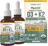 Organic Plant D3+K2 (5000 iu D3) All-Trans MK7 from MenaQ7 (120 mcg K2) 100% Organic & Plant-Based Sublingual D3 Drops (Cholecalciferol), 100% Vegan, Supports Immunity, and Bone, (1oz-2Pack)