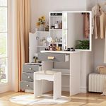FAMAPY Makeup Vanity with Drawers, Vanity with Sliding Mirror, Vanity Desk with Storage Shelves, Cushion Stool, for Bedroom White and Grey