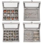 Lawei 4 Pack Clear Jewelry Organizer, Velvet Jewelry Box Container for Earring Necklace Ring and Bracelet, Jewelry Storage Tray, Jewelry Display Case Store Showcase Box Gifts for Girls, Women, Gray