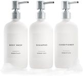 Stylish Shampoo and Conditioner Dispenser Set of 3 - Modern 21oz Shower Soap Bottles with Pump and Labels - Easy to Refill Body Wash Dispensers for an Instant Bathroom Decor Upgrade - White