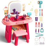 Pretend Play Girls Makeup Table Set with Stool,Kids Vanity Set with LED Lighted Mirror and Music,Toddler Beauty Salon Set with Makeup Accessories & Washbasin,Girls Vanity for Toddlers 3-5 Years Old