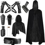 PLULON 9Pcs Medieval Knight Costume, Men Renaissance Viking Costume Set Men Hooded Cloak Retro Shawl PU Leather Belt Shoulder Armor Buckle Bracers