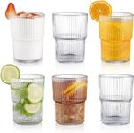 6 Pack 6oz Ribbed Glassware, Stackable Fluted Drinking Cups, Mini Vintage Highball Glasses for Beer, Iced Coffee, Juice, Coocktail, Bar Whiskey, Water