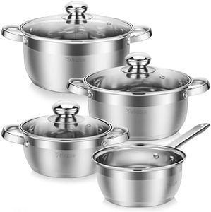 Velaze 7-Piece Cooking Pot Set Made of Stainless Steel, Induction Pot with Glass Lids, Classic Design, Pots with 3 Cooking Pots and 1 Saucepan, Pot Set for All Types of Stoves