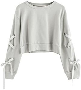 SweatyRocks Women's Casual Lace Up Long Sleeve Pullover Crop Top Sweatshirt Light Grey X-Large