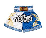 MUAY NATION Muay Thai Shorts for Men Women Slim Cut MMA Boxing Shorts Training Kickboxing Clothing Martial Arts Trunks (L, White/Blue)