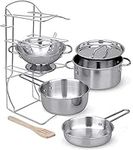 Click N' Play Stainless Steel Toy Cookware Pots and Pans with Pot Rack Organizer and Cooking Utensil Pretend Play Kitchen Set for Kids and Toddler Ages 1-3 - 7 Pcs. | Playset Accessories and Food Sets
