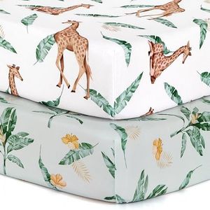 BROLEX 2 Pack Mini Crib Sheets, Stretchy Portable Fitted Playard Sheet Set, Convertible Playard Mattress Cover, Ultra Soft Breathable Material, Giraffe Leaf