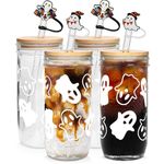 ANOTION Halloween Cups, Ghost Decor 24oz Mug Mason Jar Glass Cups with Lids and Straws Ghost Tumblers Coffee Cups Cookie Jar Glasses Halloween Glassware Drinking Glasses Halloween Decorations Indoor