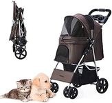 LPOTIUS Pet Stroller for Medium Small Dogs Cats, One-Hand Folding Portable Travel Cat Dog Stroller with Storage Basket and Cup Holder, 4 Wheels, Brown