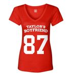 Haase Unlimited Taylor's Boyfriend 87 - Football Dating Travis Ladies V-Neck T-Shirt, Red, Large