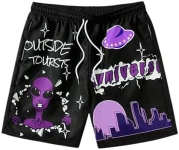 GORGLITTER Men's Letter Graphic Track Shorts Drawstring Waist Summer Workout Shorts Black Print Large