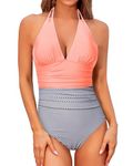 Holipick Women Tummy Control One Piece Swimsuit Halter V Neck Striped Bathing Suit - Pink - Small