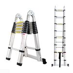 Telescopic Ladder 5m with Stabiliser Bar, Multi-purpose Folding Ladder - A-frame Ladder & Straight Ladder for Indoor Outdoor, Portable Aluminium Ladder EN131, 150 kg Capacity Max Load