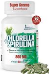 AzmaBiotech Organic Spirulina Chlorella Capsules 500mg, 60 Count, 50/50 Blend, Vegan & Gluten-Free, High in Protein & Nutrients, Supports Energy & Immune Function, Made in Canada