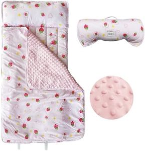 Googgoing Toddler Nap Mat with Removable Pillow & Blanket Roll Up Storage Kids Sleeping Bag Soft and Comfortable Toddler Sleeping Bags for Travel Camping Daycare Preschool（Pink Strawberry Pattern）