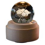 3D Crystal Ball Music Box Luminous Rotating Musical Box with Projection LED Light and Wood Base Best Gift for Birthday Christmas Valentine's Day Home Decor Wooden Music Box (Four-Leaf Clover)