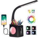 wanjiaone LED Desk Lamp with Clock,Color Changing Nightlight,Study Lamp with Pen Holder,Desk Light with USB Charger,Table Light for Home,Office,Gift for Kids,Students,Women,3 Brightness Levels,Black