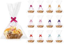 12 Pieces Oval Basket Food Storage Basket Woven Empty Basket Fruit Basket Gift Baskets with 60 Colorful Pull Bows and 30 Clear Gift Bags for Kitchen, Restaurant (Beige, 9 x 6 x 2.24 Inches)