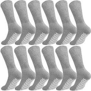 Men Women Anti Slip Grip Non Skid Crew Cotton Diabetic Socks For Home Hospital 6-pack or 12-pack - Grey - 10-13 Men Size