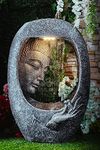 EXPLEASIA Resin Rock Carved Buddha Face Shower Water Fountain For Home, Office, Garden (Dark Grey)