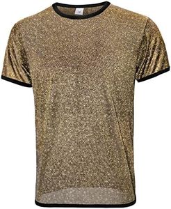 Mens Rave Shirt with Mesh,Mens Gold Shiny Shirt Short Sleeve T-Shirts 70s Disco Top Tee Shirt(Black Gold 3XL)