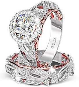 Jeulia Ensembles bagues ajourées 4 carats pour femmes Ensembles mariage en argent Bague fiançailles halo ronde en or rose Bande diamants blancs Bagues promesse d'anniversaire solitaire CZ (53（16.9）)