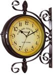 KiaoTime Vintage Double Sided Station Wall Clock Antique Decorative Double Faced Wall Clock 360 Degree Rotate Wall Mounted Train Railway Style Wall Clock, Dark Brown Color