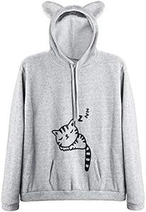 Cute Women Teen Girls Hoodies,Women Autumn Long Sleeve Cat Printing Hooded Drawstring Sweatshirt Blouse Tops (Grey,XXS)