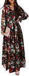 BLENCOT Women Dress Casual Boho Floral Printed Deep V Neck Loose Long Sleeve Long Evening Dress Ruched Maxi Wedding Guest Dresses Black X-Large