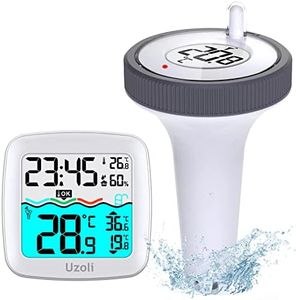 Uzoli Wireless Pool Thermometer Floating Easy Read, Waterproof Swimming Pool Thermometer with Indoor Humidity Temperature Monitor, Digital Sensor for Fish Tank, Hot Tub, Spa, Pond