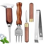 LINALL Ice Pick Set of 4-Stainless Steel Ice Chipper with Wood Handle,Japanese style Ice Crusher Ice Tong ideal for Bars,Bartender. Best Carving Tool (4PCS SET)