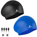 Long Hair Swim Cap for Women 2 Pack, Silicone Swimming Caps for Unisex Adult Women Men with Ear Plugs & Nose Clip Set, Waterproof Adult Swim Hats Bathing Caps to Keep Hair Dry(Black+Blue)