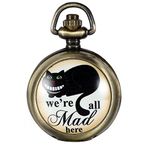 JewelryWe Vintage Pocket Watch We are All Mad Here Locket Pendant Necklace Quartz Watch with Chain, for Mother's Day