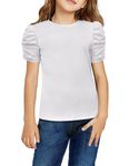 Arshiner Cute Shirts for Girls Girls Short Puff Sleeve Tops Summer Ribbed Knit Crewneck Tunic Tshirts Shirts White 10-11 Years