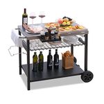 PIZZELLO Three-Shelf Outdoor Grill Dining Cart Movable BBQ Trolley Multifunctional Stainless Steel Food Prep Worktable with Two wheels, Silver With Black, (X50011SR)