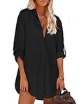 Hotouch Women's Boyfriend Shirt Dress Button Down Shirts Cuffed Sleeve Tunic Shirts Collared Blouse, Black S