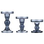 Lewondr Glass Candle Holders, 3 Pieces Crystal Clear Candlesticks with Elegant Design for Pillar Taper Candle and Tea light, Home Table Living Room Wedding Party Decorations Home Décor - Smoky Blue