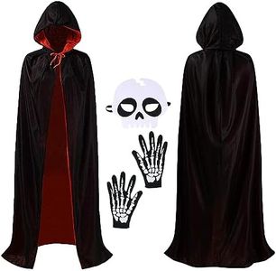 GEEKEO Cape Halloween Enfant Cape de Vampire e Gants Squelette, Garçon Fille Cape à Capuche, Noire Rouge Cape de Vampire Réversible Déguisement Halloween Carnaval Cosplay Costumes (90cm)